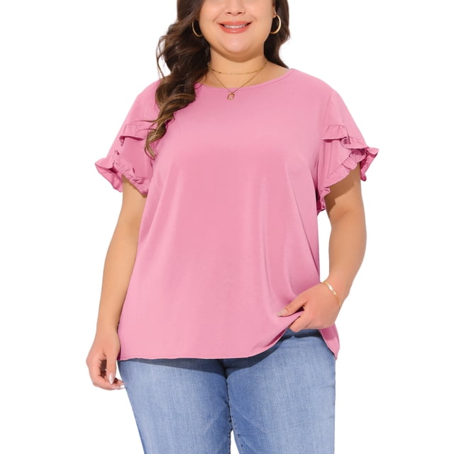 Blusas de verano para mujer de talla grande Agnes Orinda, con volantes, manga corta, cuello redondo, camisetas casuales 3X en color rosa