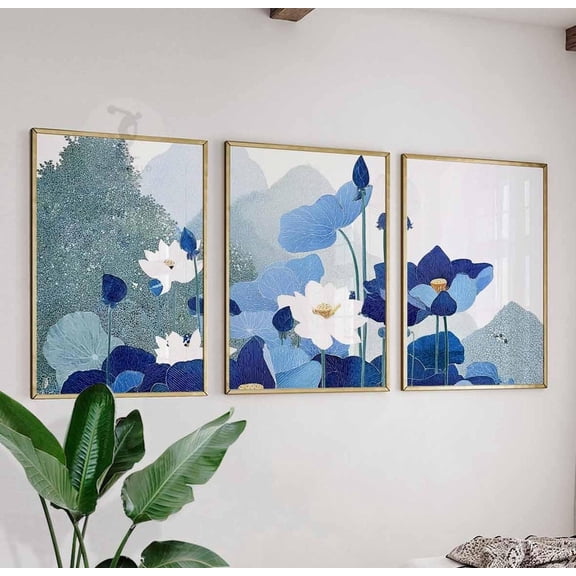 Blue Lotus Wall Art Prints Floral Botanical Modern Nature Inspired Living Room Set 3 Unframed Paper Print 8x12