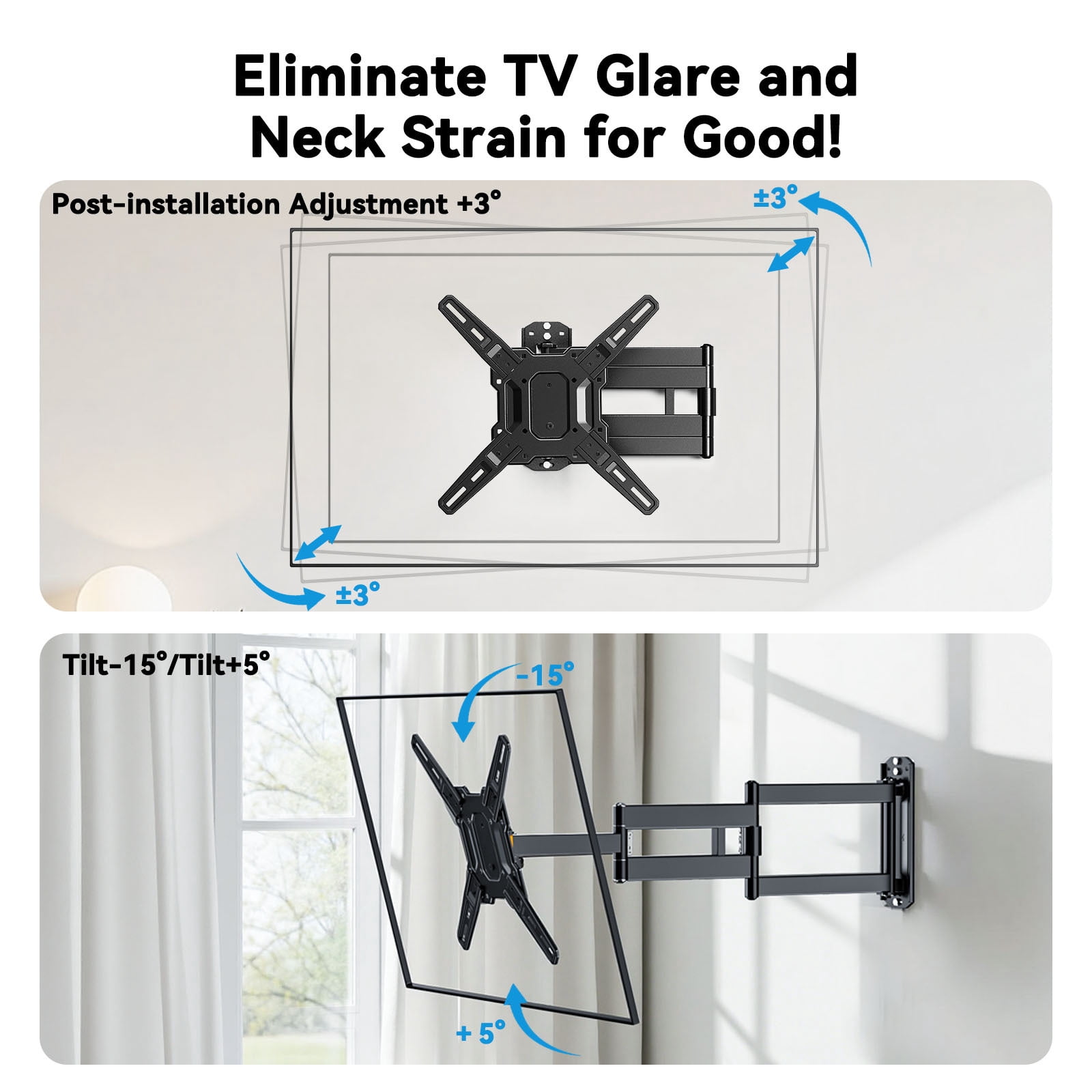 MountFTV Full Motion Long Arm TV Mount for 26-65" TVs, 37.4" Long Extension, Up to 110 lbs, Max 400 x 400mm, Corner TV Wall Mount Bracket with Tilt, Swivel, Single Wood Studs