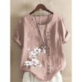thumbnail image 1 of Camiseta de lino y algodón para mujer, Top elegante y cómodo con una hilera de botones, decoración de empalme, camisetas informales con estampado de flores para mujer 2024, 1 of 4