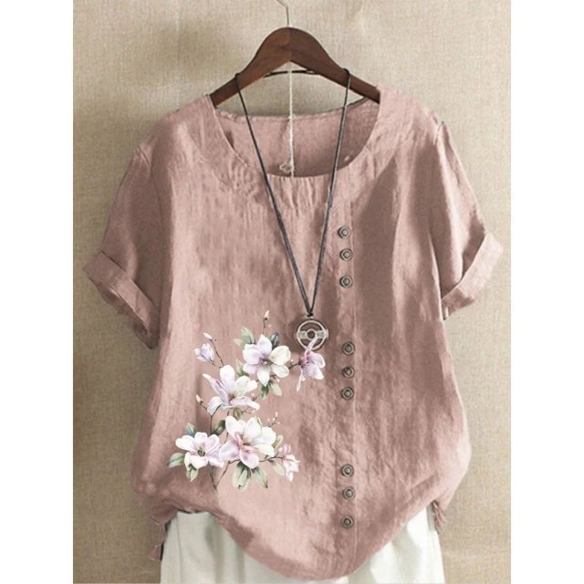 Camiseta de lino y algodón para mujer, Top elegante y cómodo con una hilera de botones, decoración de empalme, camisetas informales con estampado de flores para mujer 2024