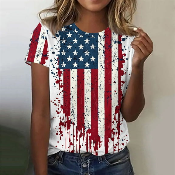 Cavosen Independence Day Clothes Women Petite Red White and Blue Short Sleeve Crew Neck T Shirts USA Flag Graphic Shirts Lady XL Patriotic Casual Shirts Independence Day Tunic Tees Patriotic Clothes