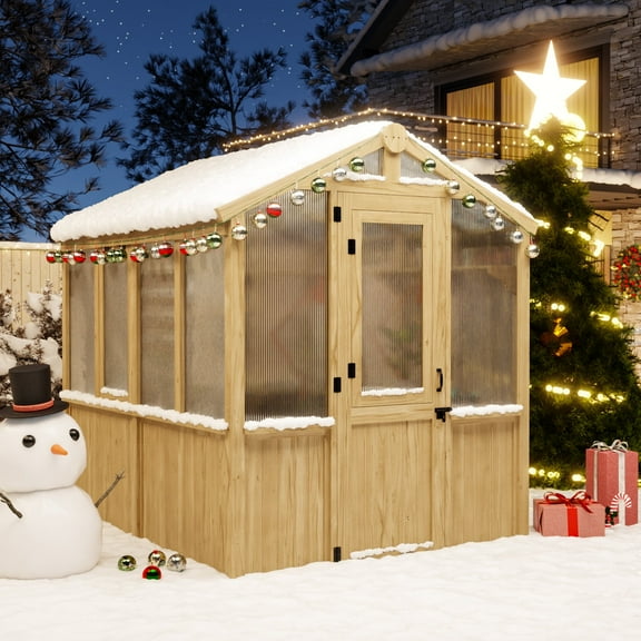EAGLE PEAK 6.7 ft. x 7.8 ft.Wooden Polycarbonate Walk-in Greenhouse, Cedar Hobby Green House with Roof Vent, Natural