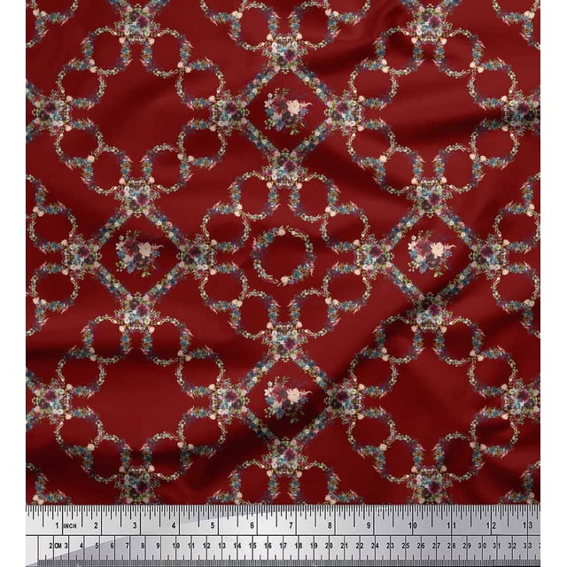 Soimoi Red Poly Georgette Fabric Floral Wreath Geometric Print Fabric by the Yard 52 Inch Wide