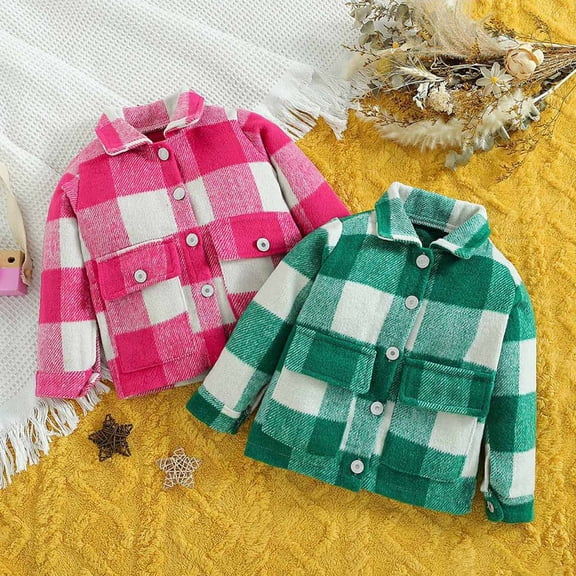 MKOSPLRT Boys Girls Flannel Plaid Shirt Jacket Long Sleeve Lapel Button Down Pocketed Shirts Regular Fit Casual Fall Coat 12M-5Y