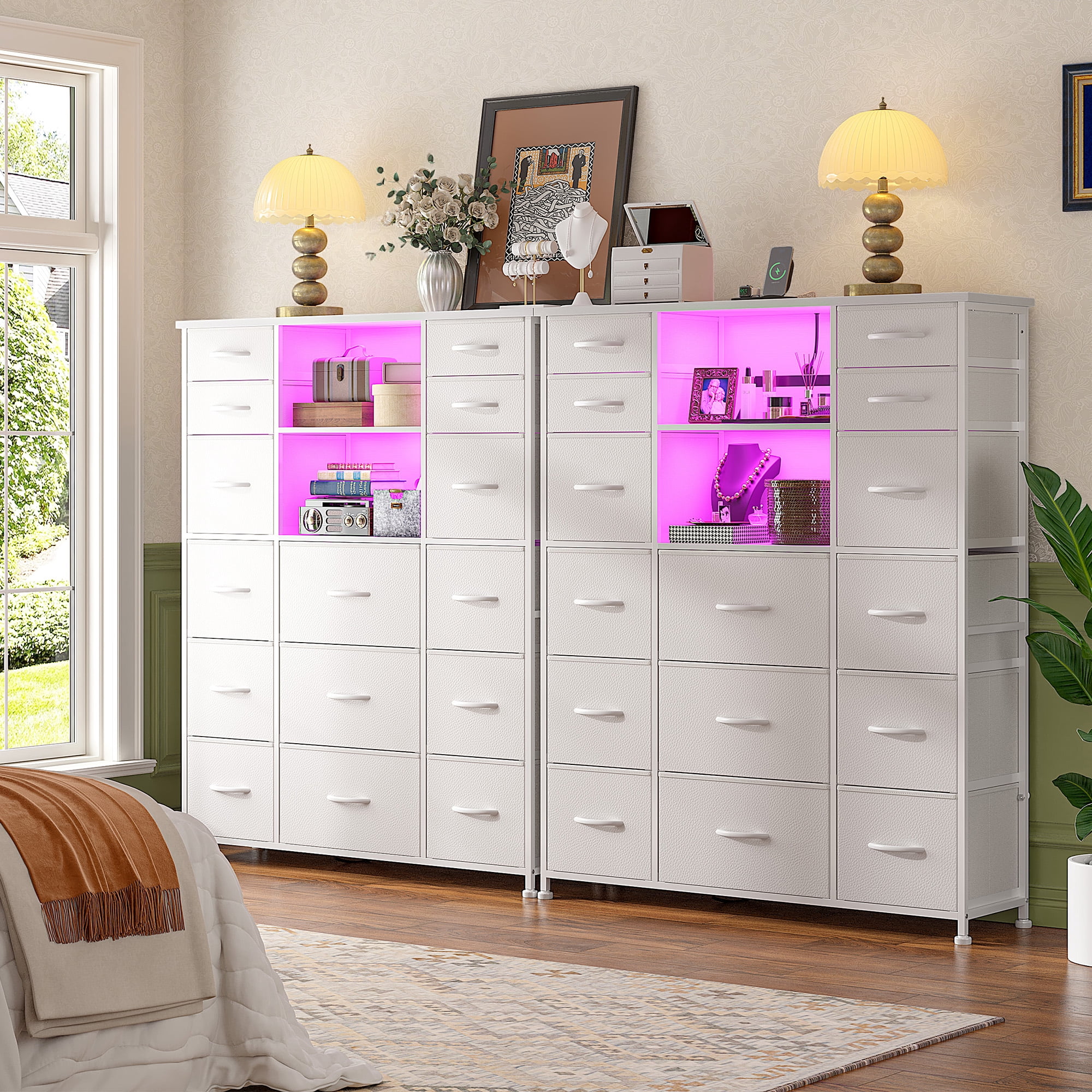 Romorgniz 51" H Dresser with 15 Fabric Drawers Tall Dresser for Bedroom with Charging Station & LED Lights, White