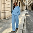 thumbnail image 7 of Garbnen Fleece Lined 2 Piece Sweatsuits for Women Crew Neck Long Sleeve Oversized Sweatshirt Elastic Waist Wide Leg Sweatpants Fluffy Flannel Fuzzy Sweats Sets for Women Sky Blue M, 7 of 7