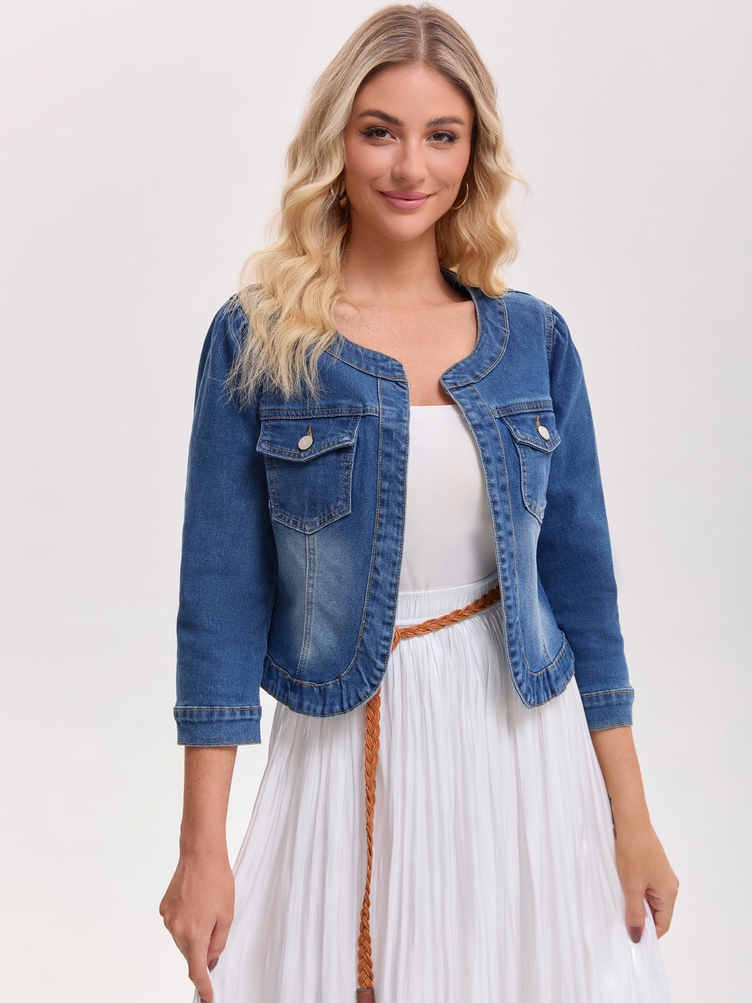 DARING DIVA Women's Collarless Cardigan 3/4 Sleeve Jean Jacket 2XL Blue