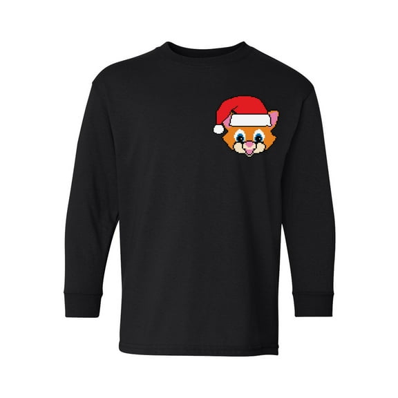 Awkward Styles Christmas Long Sleeve Shirt for Kids Youth Boys Girls Xmas Santa Cat Shirt Pocket Print