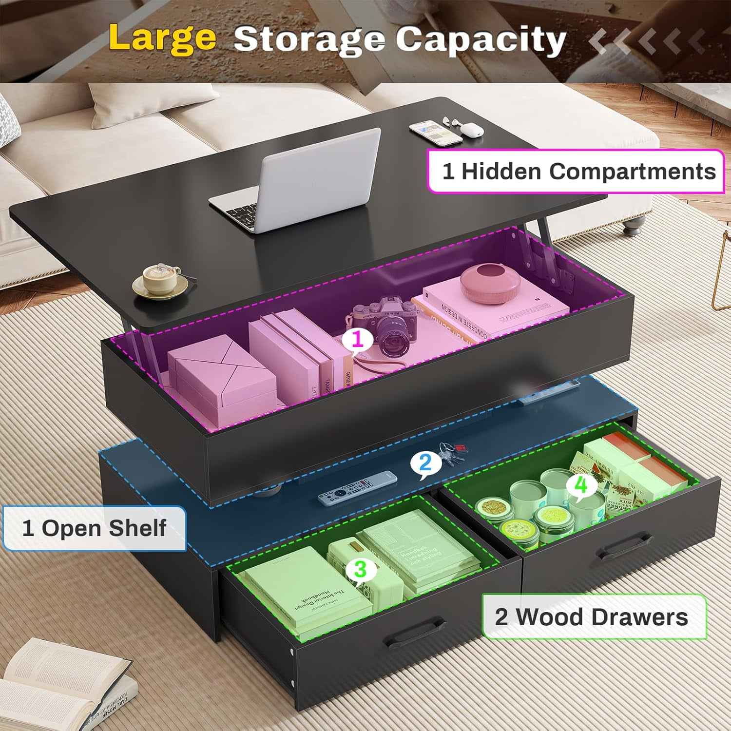 40" Lift Top Coffee Table with Storage, Modern Coffee Table with LED Lights and 2 Drawers, Small Coffee Table for Living Room, Dining Reception Room, Black