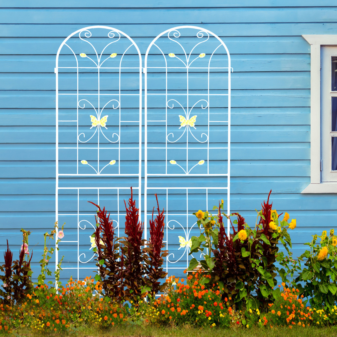 4 Pack 86.7" Tall Metal Garden Trellis for Climbing Plants, Rustproof Powder Coated Outdoor Plant Support with Decorative Leaf and Bird Design, Cream White, Flower Trellis for Roses, Ivy, Cucumbers