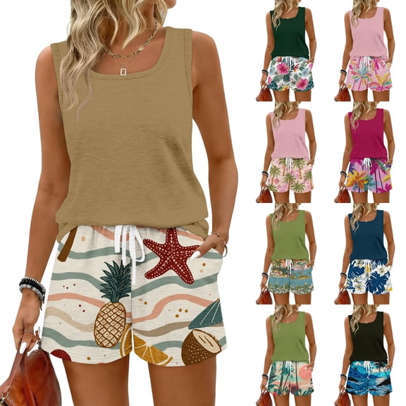 Tropical Print Two Piece Set for Women, Sleeveless Scoop Neck Tank Top & Drawstring Shorts with Pockets - Casual Summer Vacation Lounge Outfit Army Green L
