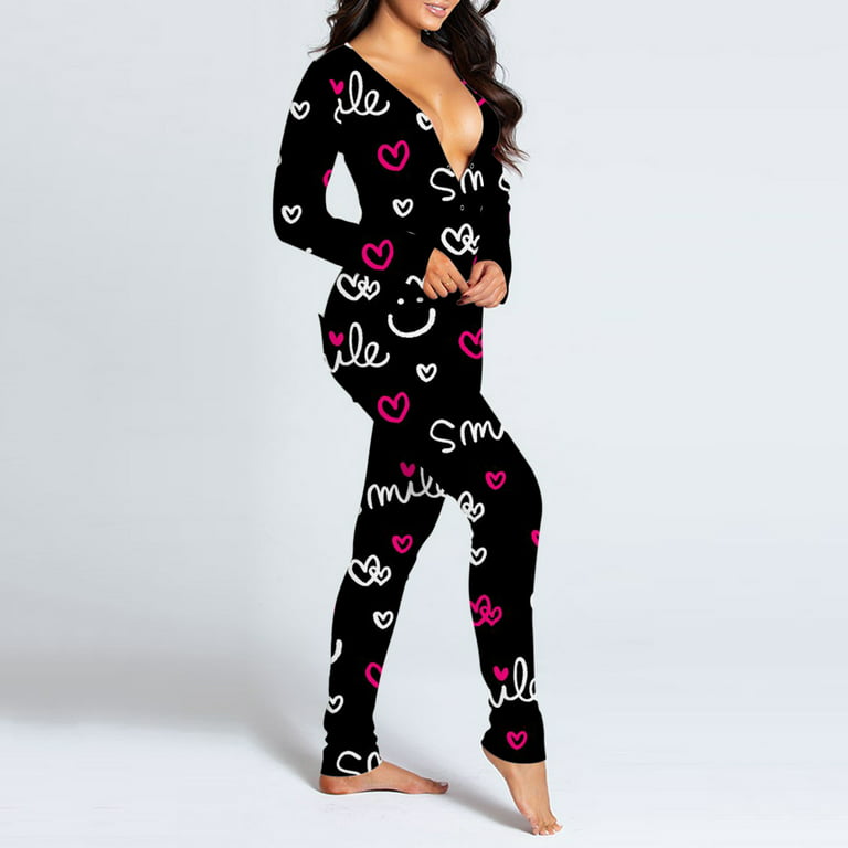 purcolt Womens Sexy Print Onesies Butt Flap Pajamas Ladies Deep V Neck Long  Sleeve Button-down Front Functional Jumpsuit Sleepwear Autumn Winter Plus  Size Rompers Bodycon Nightwear(Hot Pink,XL) 