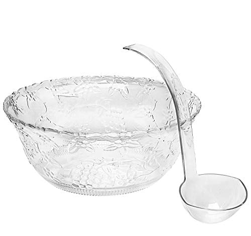 Four Pack Embroidered Design 8 Quart Serving Bowl. Heavyweight Clear Plastic 2 Gallon Punch Bowl With 5 OZ Plastic Serving Ladle 
