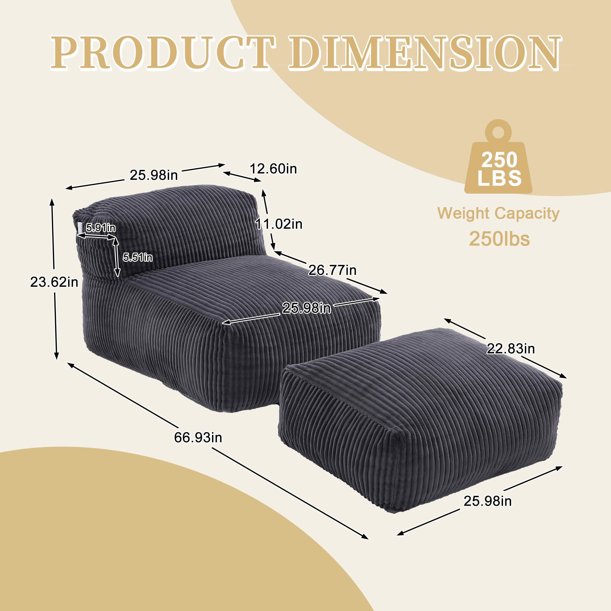 MAYEERTY Bean Bag Chair for Adults, Cozy Corduroy Lounger with High-Density Foam, No Assembly, Dark Gray
