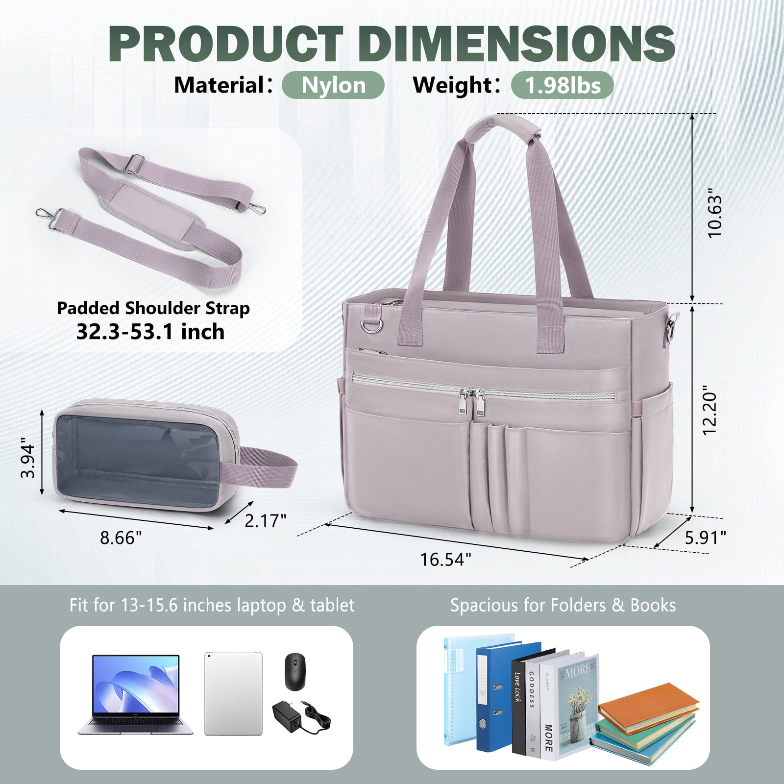 RAINSMORE Teacher Tote Bag for Women 15.6 Inch Laptop Briefcase with Clutch Bag, Nurse Bags Professional Work Handbag for Office College Nursing, Large Utility Tote Messenger Shoulder Bag,Grey Pink