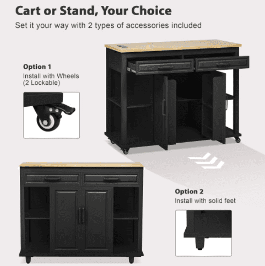 Euroco 47 inch Kitchen Island with Extendable Dining Table, Rubber Wood Veneer Kitchen Table with Internal Storage Rack