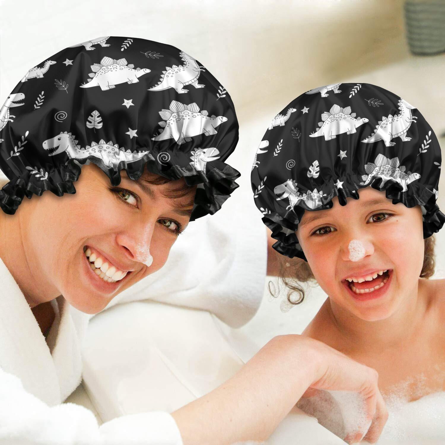 Shower Caps,Black Dinosaurs Leaves Stars Pattern Waterproof Shower Cap for Women 4 Pieces,Double Reusable Hair Cover for Shower PEVA Elastic Stretch Hem