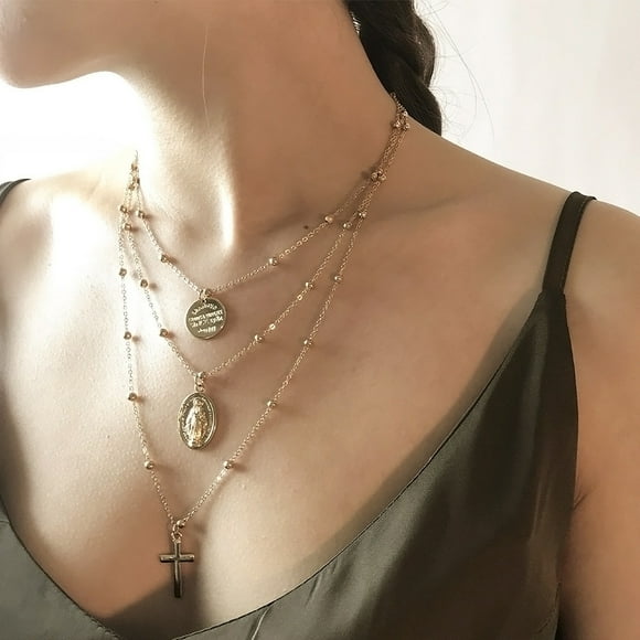 Gold Layered Necklace for Women, Coin Cross Pendant Necklace Chunky Chain Choker Gold Layering Necklaces for Women
