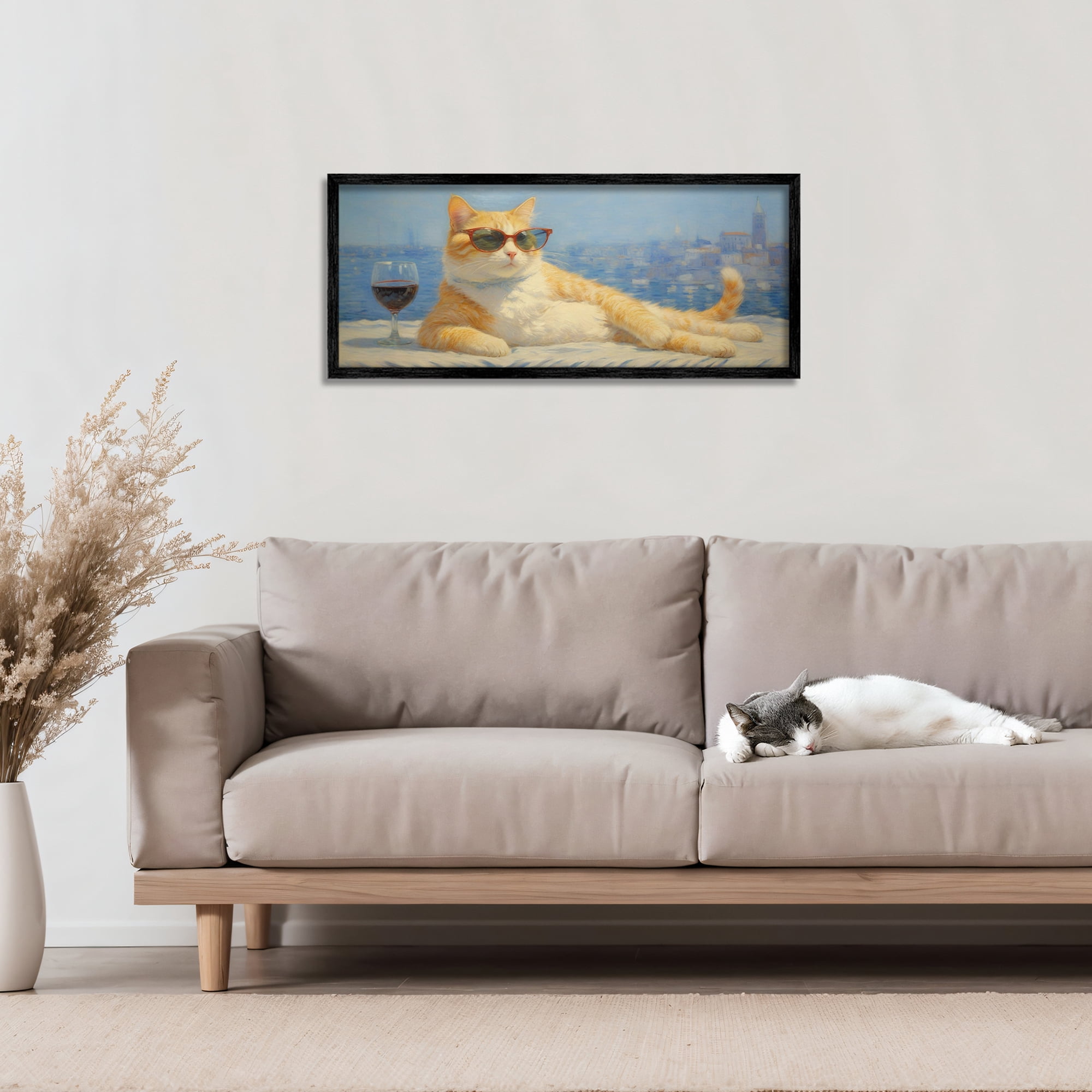 Stupell Industries Lounging Feline with Wine Glass Black Framed Giclee Art, design by Angie Hawke