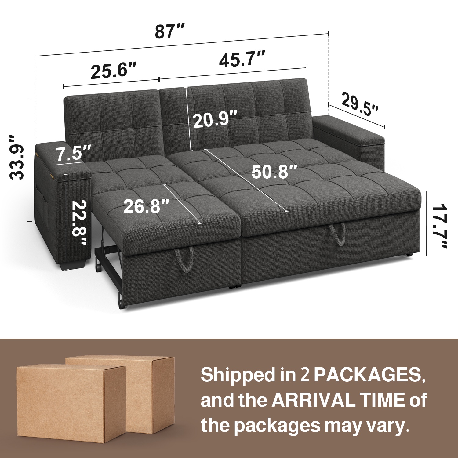Noelse 87" 3-in-1 Convertible Sofa Bed, Dark Gray photo 5