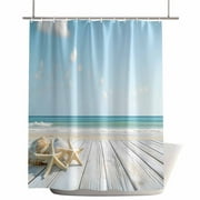 Shower Curtains for Bathroom-66"x72",Coastal Ocean Starfish Shell Wooden Waterproof Bath Curtain Grommet Shower Curtain Set with Hooks,Blue Sky Sea Wave Washable Bath Accessories