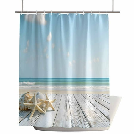 Shower Curtains for Bathroom-66"x72",Coastal Ocean Starfish Shell Wooden Waterproof Bath Curtain Grommet Shower Curtain Set with Hooks,Blue Sky Sea Wave Washable Bath Accessories