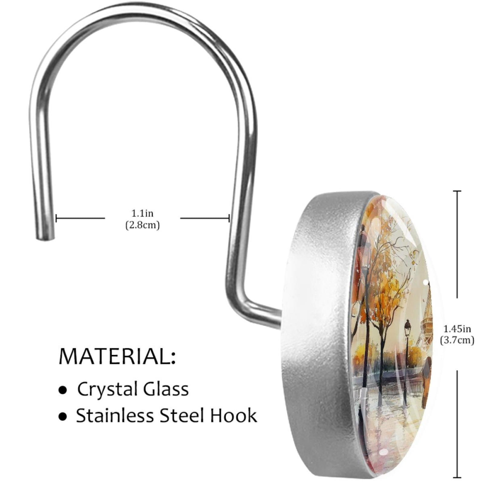 Watercolor Youngers on Paris Tower Shower Curtain Hooks Round Crystal Glass, Set of 12 Shower Curtain Rings - Shower Hooks for Curtain Shower Rings