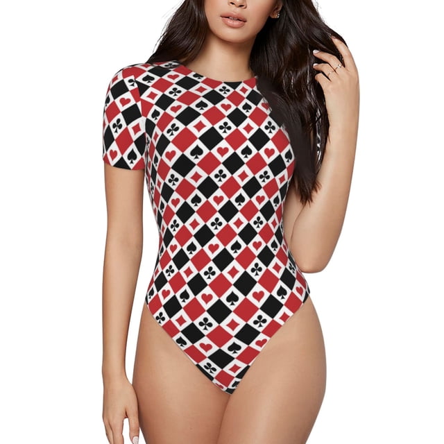 Saiise Motif Cartes à Jouer Combinaison à Manches Courtes pour Femmes Col Rond Pyjama Justaucorps Extensible avec Fermeture à Pression-Moyen