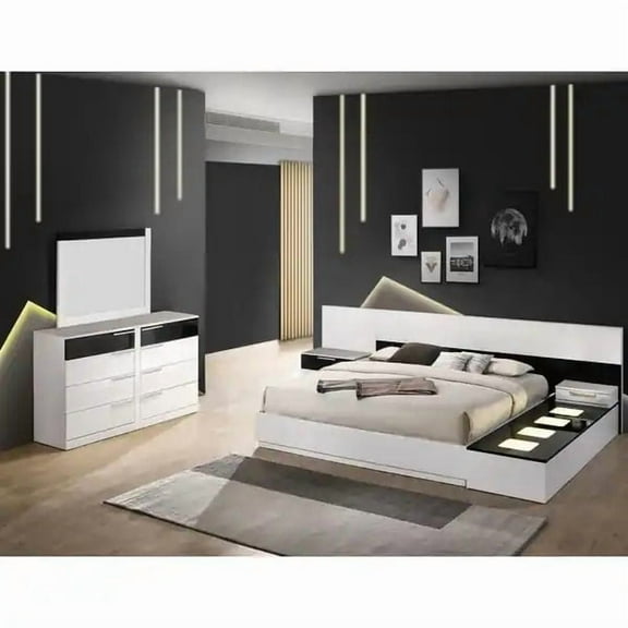Luxurious 6 Piece Queen Size Bedroom Set, Lacquer Finish Bed, Nightstand, Dresser, Mirror and LED Lightbox, Black/White