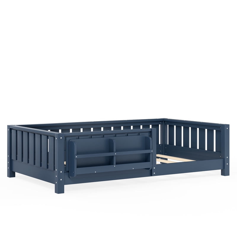 URTR Twin Size Montessori Floor Bed with Storage Bookshelf and High-Quality Safety Guardrail, Wooden Twin Floor Bed Frame, Wooden Platform Bed, Low Profile Twin Bed with Fence and Headboard, Blue