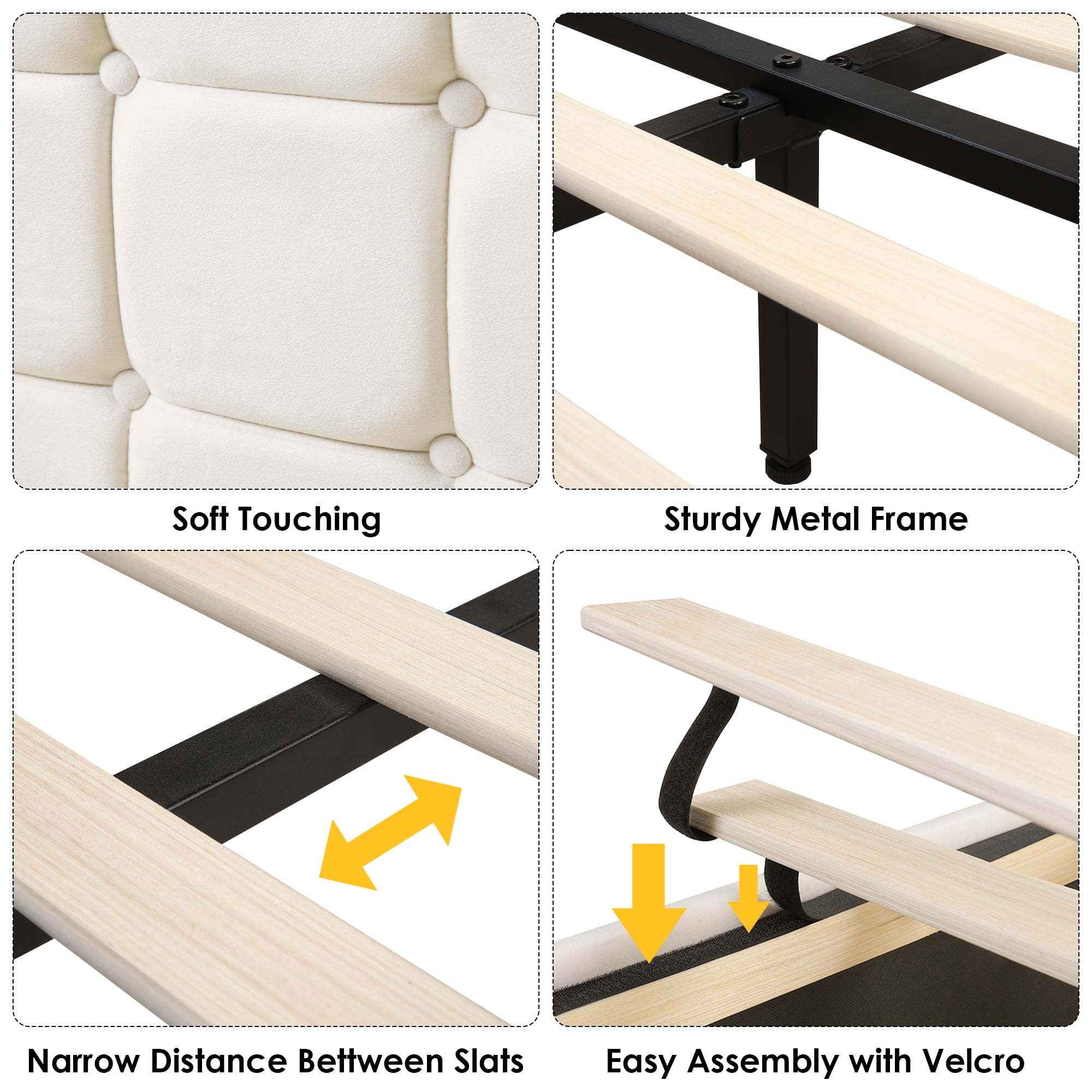 Homfa Twin Size Floating Bed Frame with RGB LED Lights Charging Station, Modern Velvet Upholstered Platform Bed Frame with Storage Headboard, Off-White