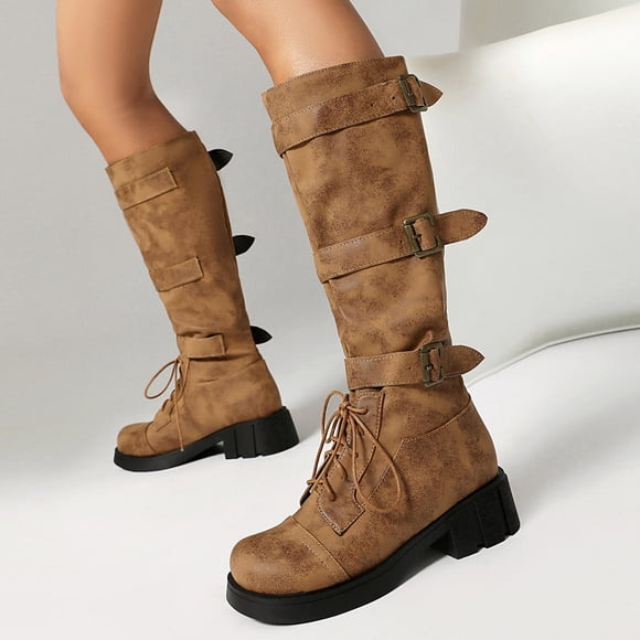 zhenglin Women's Chunky Heel High Calf Boots - Western Cowboy Style Buckle Strap Lace-up Ankle Boots, Fashionable Autumn Winter Versatile Boots for Casual Outfits