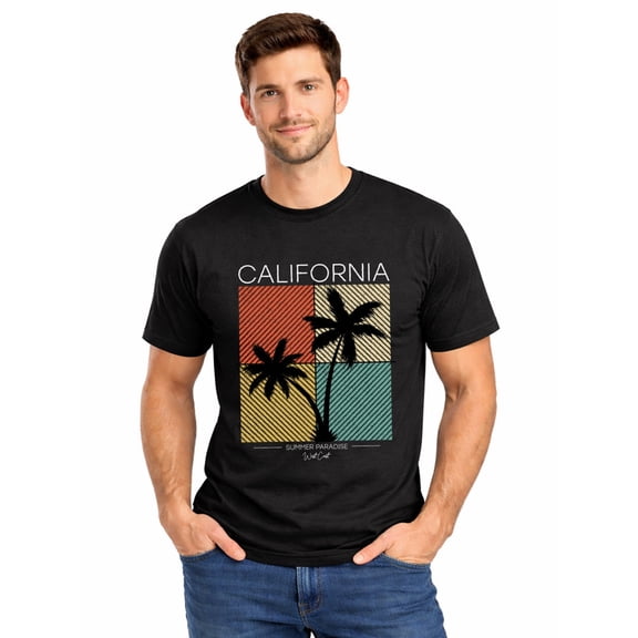 Graphic Short Sleeve T-Shirt for Men Classic Fit Crewneck with California Vibes Soft Cotton Fabric on Black Fabric