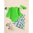 thumbnail image 2 of Newborn Baby Girl Fly Sleeved Long Sleeved Round Neck Romper + Green Plaid Back Strap Skirt + Headband Set 3PCs Infant Outfits, 2 of 5
