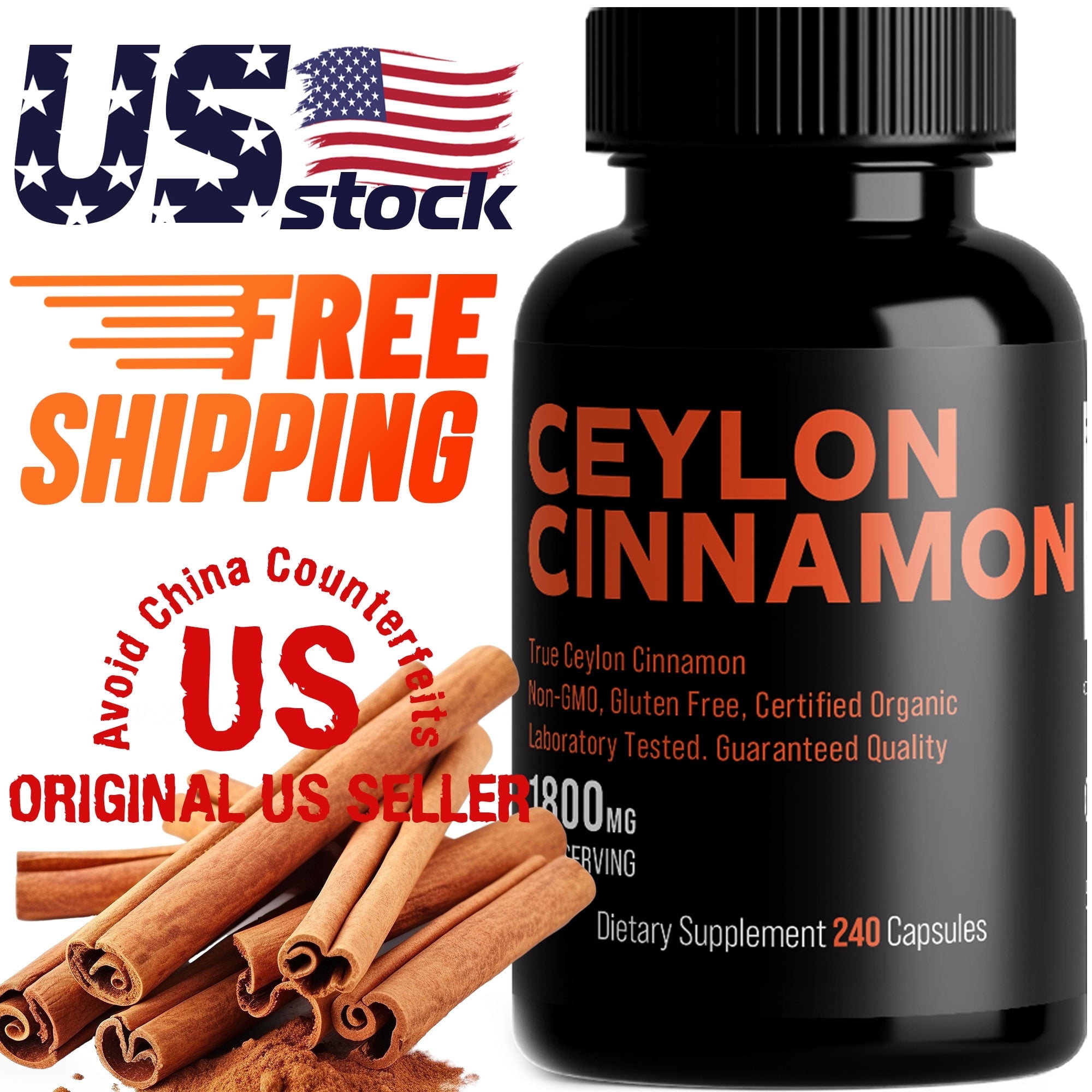 Organic Ceylon Cinnamon Capsules 1800mg | Extra Strength | 240 Capsules | Blood Sugar, Heart & Joint Support | Non-GMO, Vegan, Gluten-Free