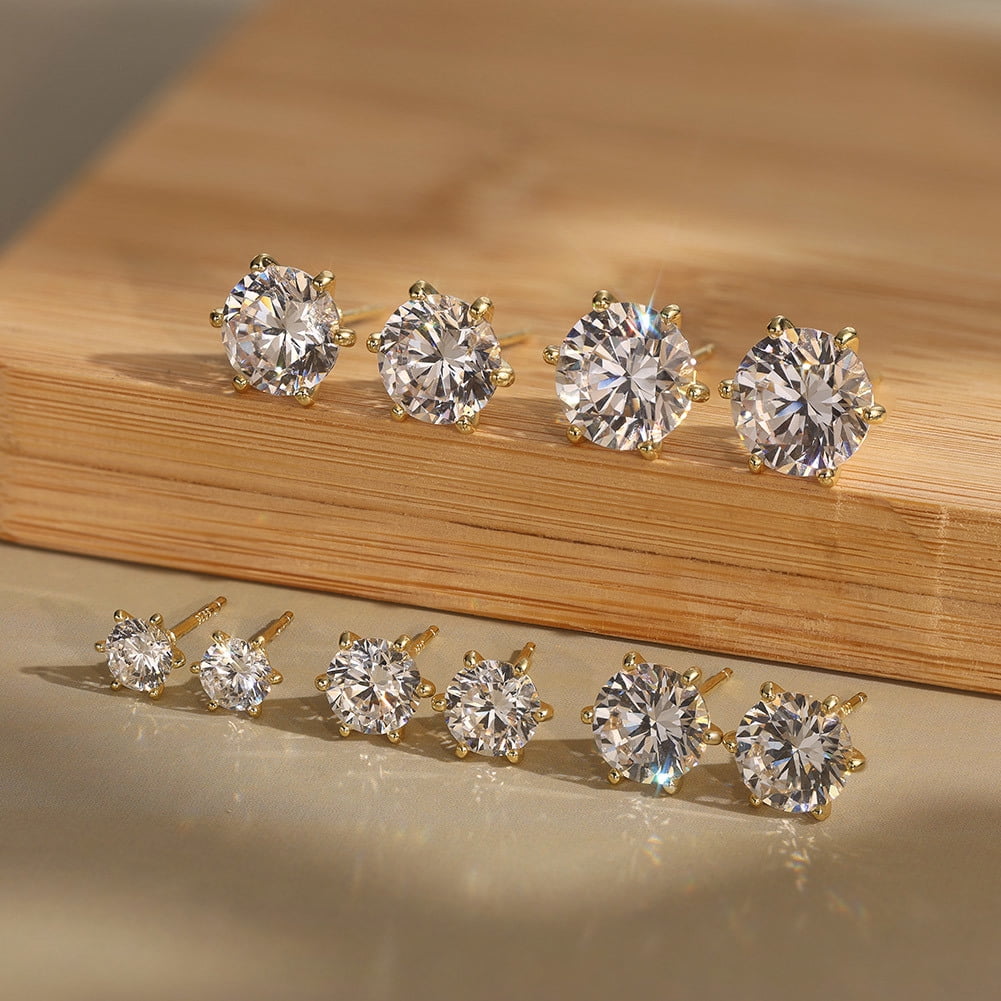 SFTING Cubic Zirconia Stud Earrings for Women Men Hypoallergenic 925 Sterling Silver Post Earrings 8A CZ 8*8 Round Cut 6-prong Setting Stud Earrings for Sensitive Ears