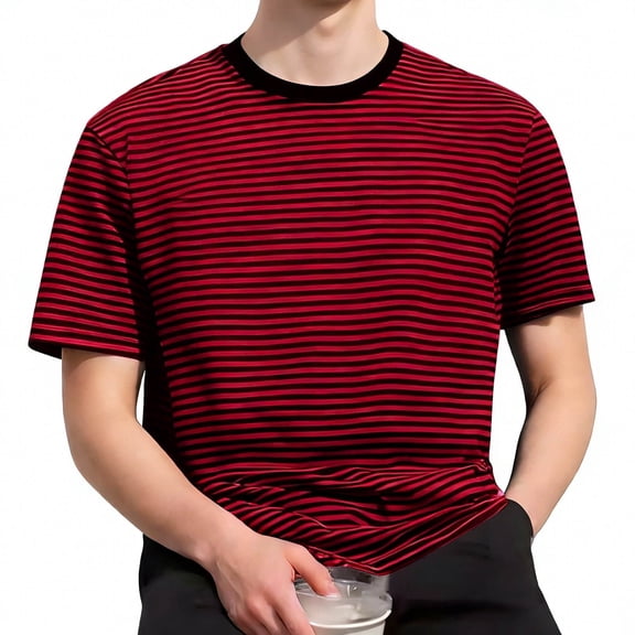 Jessboyy Striped T Shirts for Men Casual Shirt Short Sleeve Crewneck T-shirts Summer Going Out Tops Streetwear Trendy Loose Fit Graphic Tees Red,S