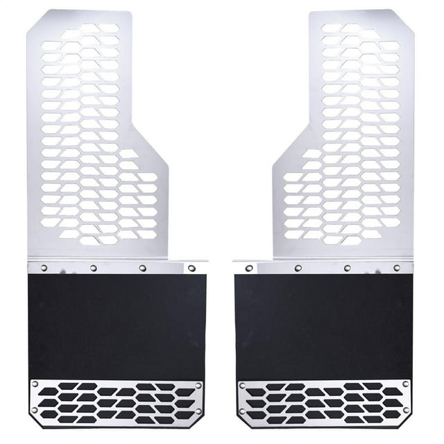 Fits 2015-2020 Ford F-150 Putco Mud Flap 78110 Mud Skins Hex Shield; Direct Fit; Set Of 2; Flat; Without Logo; Brushed; Stainless Steel; Mounts With Rivets; With Anti-Sail Bracket
