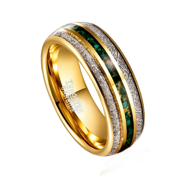 JQUEEN 8mm Gold Inlaid Meteorite Green Gravel Tungsten Ring