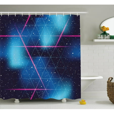Navy and Blush Shower Curtain, Eighties Inspired Retrofuturistic Triangles Virtual Reality Sci Fi, Fabric Bathroom Set with Hooks, 69W X 84L Inches Extra Long, Indigo Blue Hot Pink, by