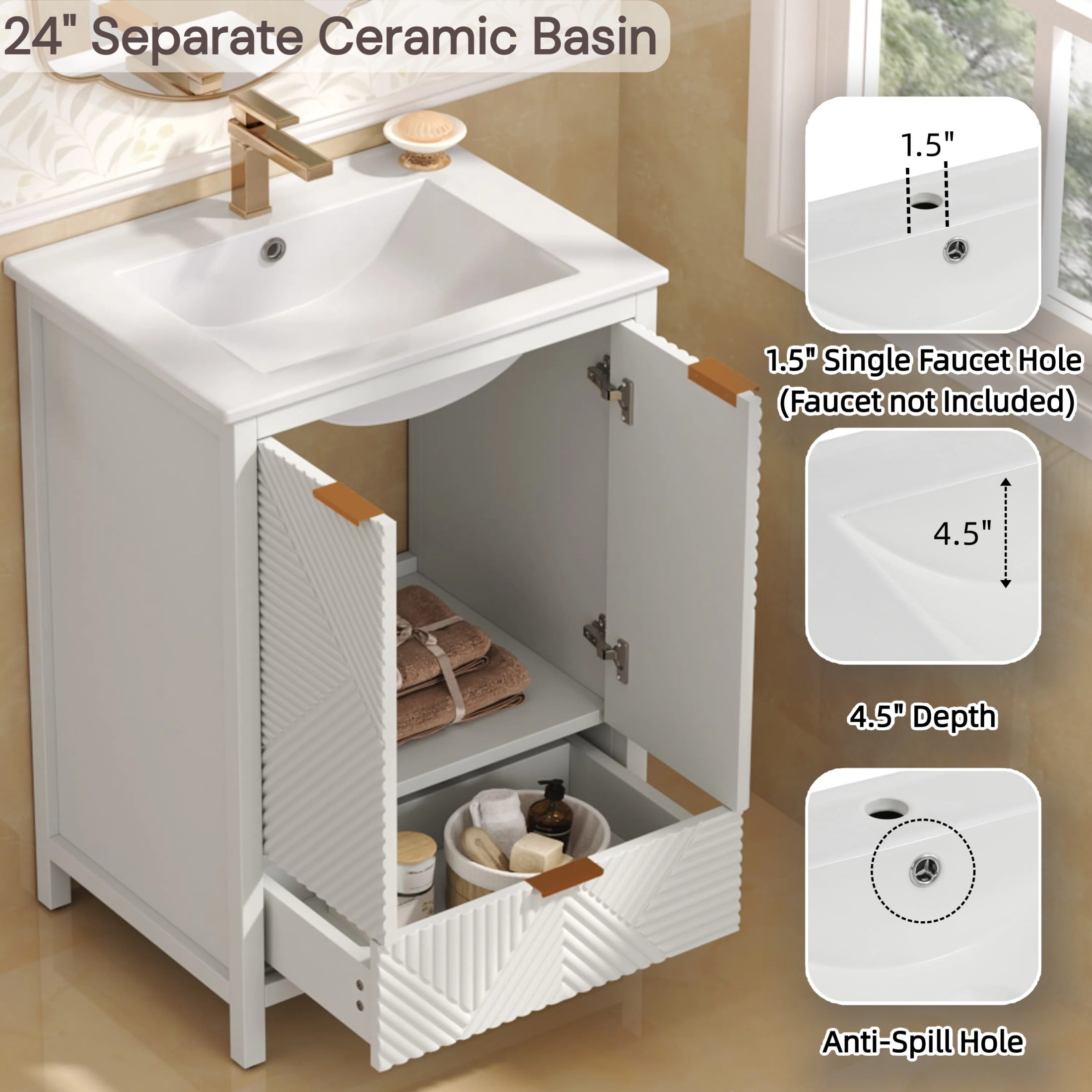 Christopher Knight Home 24" Modern Bathroom Vanity with Sink, Large Storage and Drawer, Soft Close, White