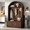 Walnut, variant on Farmhouse Fabric Arched Top Hall Tree with Bench,5 Metal Hooks, Adjustable Shelves, Fluted Door Storage Cabinet, Mid-Century Entryway Organizer for Mudroom, Hallway,Black
