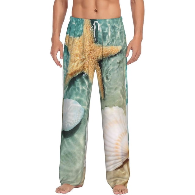 Kdxio Starfish And Seashell Pattern Men's Pajama Pants, Elastic Waist with Drawstring and Pockets, Comfortable Loungewear-Large