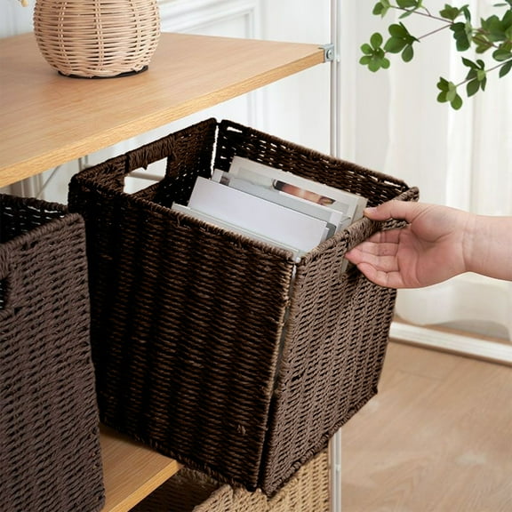 Uutvmp Wicker Storage Basket, Hand-Woven Storage Baskets for Shelves, Foldable Cube Storage Baskets Bins with Handles, 10.4 inch Small Wicker Baskets for Organizing Pantry Bedroom