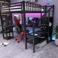thumbnail image 6 of Full Size Loft Bed with Desk and Storage, Metal Loft Bed Frame with Stairs and LED Light, Gaming Loft Bed with Charging Station, Storage Wardrobe and Shelves for Adults Teens Black, 6 of 12