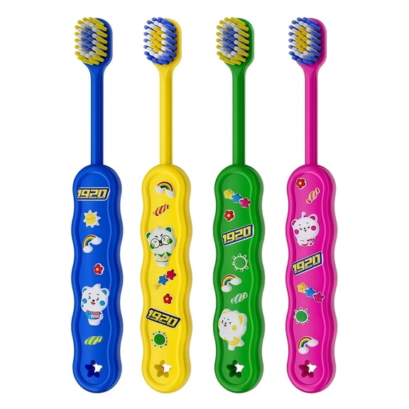 2 Pack Kids Toothbrush, 0.12mm Perfluorinated Bristles for Cavity Prevention, High-Density Soft Bristle Head, Deep Cleaning Gum Protection with Non-Slip Design, Includes DIY Fun Stickers