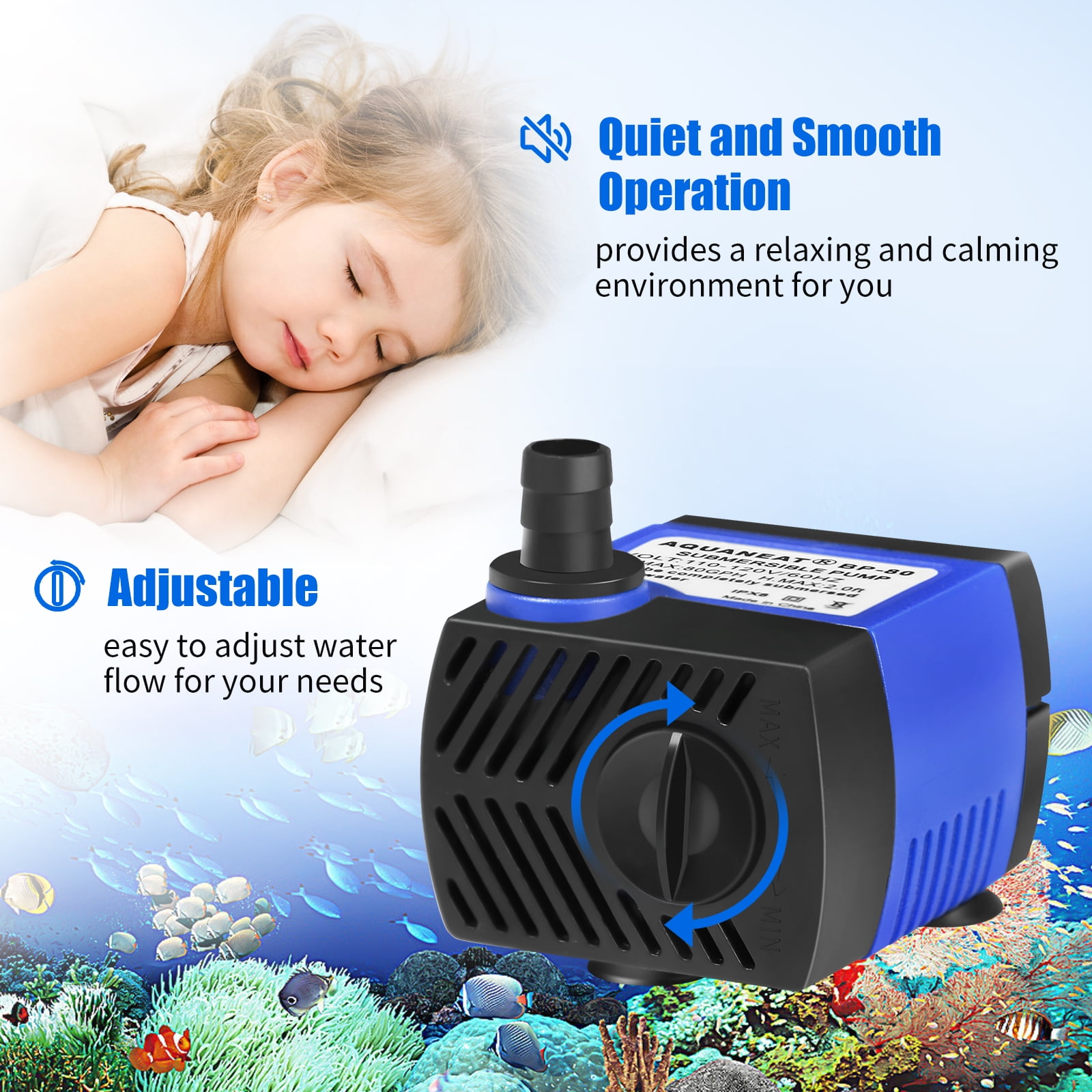 Aquaneat Small Fountain Pump, 80 GPH Mini Submersible Water Pump with 3.3 ft Tubing, for Aquarium Fish Tank, Pet Water Fountain, Water Table, Waterfall