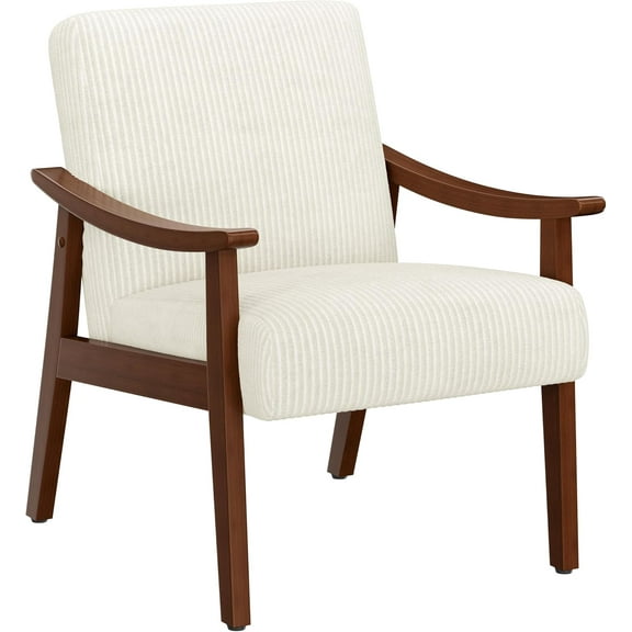 HYJY Corduroy Accent Chair, Mid-Century Modern Armchair with Solid Wood Legs, Reading Leisure Chair with High Back for Living Room Bedroom Waiting Room Beige