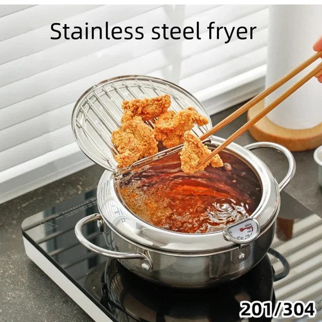 24cm Compact 304 Stainless Steel Gas Fryer with Temperature Control – Energy-Efficient Mini Deep Fryer & Soup Pot for Home Use, Lightweight and Space-Saving Kitchen Appliance, Made in Mainland China
